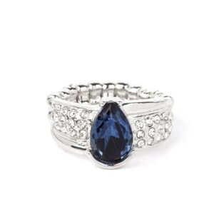 Dive into Oblivion Blue Paparazzi Silver-Tone Navy Teardrop Crystal Stretch Ring